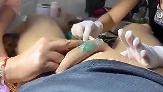 Guy with Big dick gets a wax from two