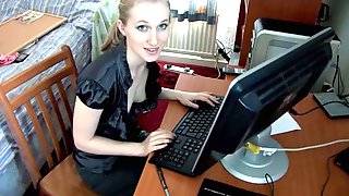 Blond girl on the computer little tits