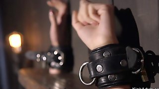 Skinny ass blonde in device bondage
