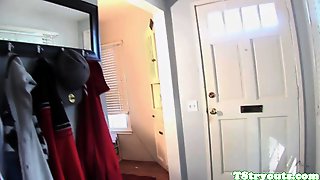 Casting tranny pulling her cock at